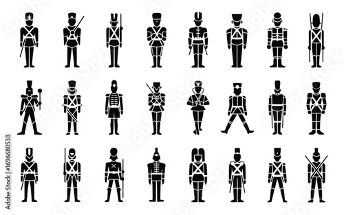 Vector art of collection of toy soldier icons, showcasing various military uniforms and poses, perfect for historical illustrations or toythemed designs