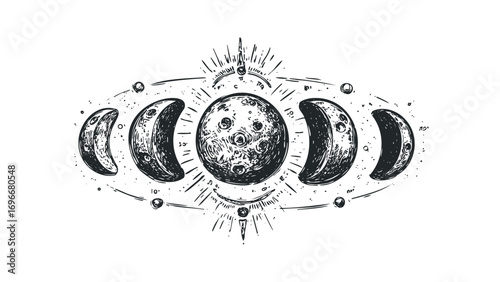 Celestial moon phase progression sketch on transparent. Vector hand drawn illustration