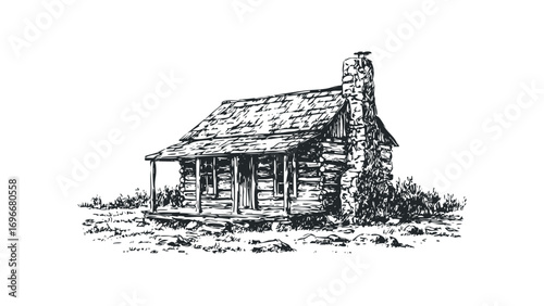 Hand drawn sketch of a rustic log cabin with a stone chimney and porch. Vector hand drawn illustration