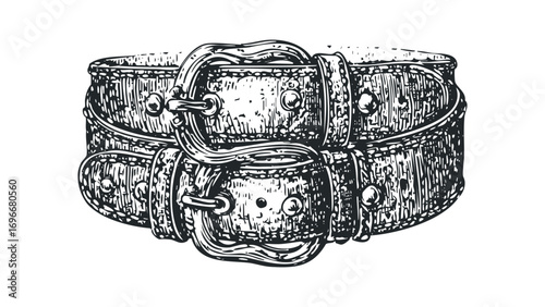 Vintage leather belt with double buckles and studs. Vector hand drawn illustration