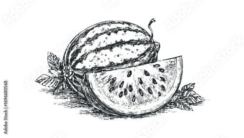 Pencil sketch of a watermelon wedge and whole fruit with leaves on transparent background. Vector hand drawn illustration