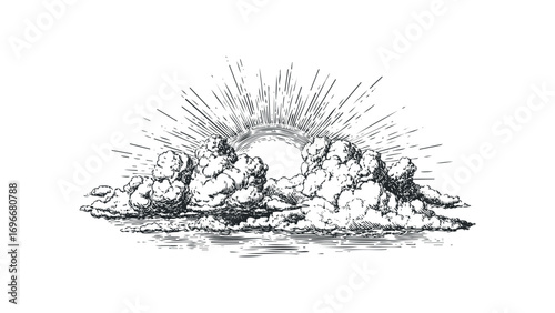 Sunburst behind fluffy clouds, sketched on transparent background. Vector hand drawn illustration