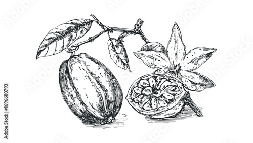 Cocoa Pod and Flower Sketch on Transparent Background. Vector hand drawn illustration