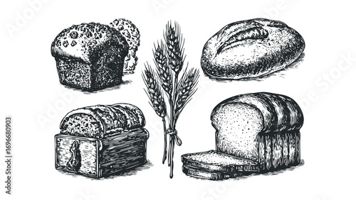 Vintage sketch of assorted bread loaves and wheat stalks. Vector hand drawn illustration