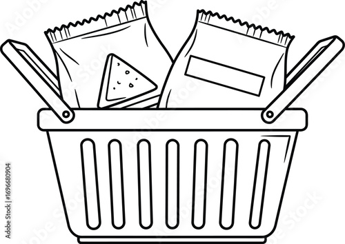Crisp snack bags filled in a shopping basket, ready for purchase