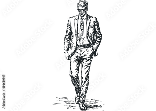 Sketch of a man in a suit walking with one hand in pocket. Vector hand drawn illustration