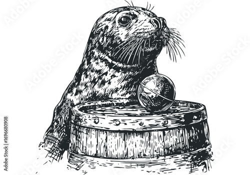 Sketch of a seal balanced on a wooden barrel with a ball. Vector hand drawn illustration