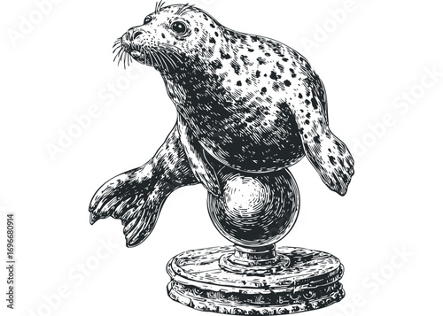 Sketchy Seal Balancing on Sphere Isolated on Transparent. Vector hand drawn illustration