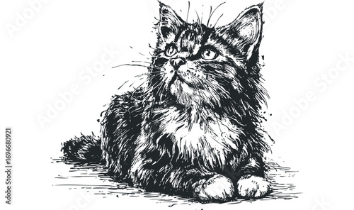 Sketch of a fluffy kitten looking up,. Vector hand drawn illustration