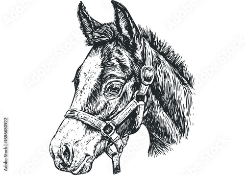 Line drawing of a horse head with halter on a transparent background. Vector hand drawn illustration