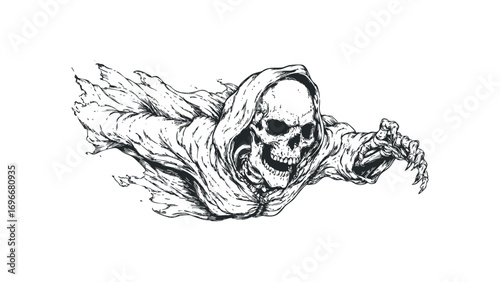 Grim Reaper with flowing cloak on transparent background. Vector hand drawn illustration