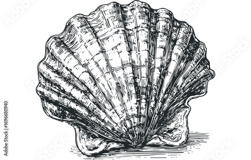 Detailed engraving of a large, textured scallop shell isolated on a white canvas. Vector hand drawn illustration