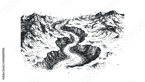 Pen and ink drawing of a winding river canyon in a mountain range on a transparent background. Vector hand drawn illustration