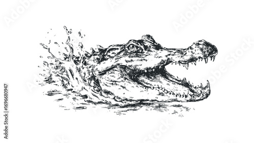 Sketch of an alligator head emerging from splashing water on a transparent background. Vector hand drawn illustration