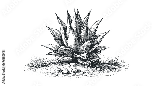 Detailed ink drawing of an aloe vera plant with spiky leaves and surrounding grass and stones. Vector hand drawn illustration