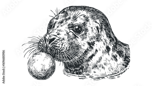 Seal balancing ball in mouth on transparent background. Vector hand drawn illustration