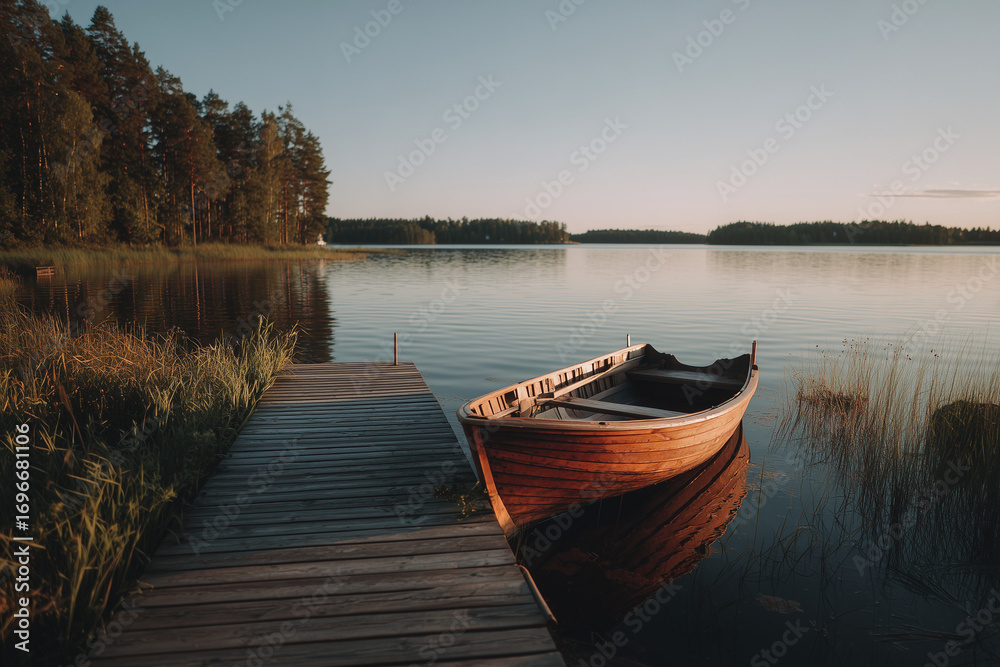 Obraz premium Wooden rowboat tied to a small pier on a calm lake at sunset, surrounded by reeds and forest, tranquil and peaceful nature landscape
