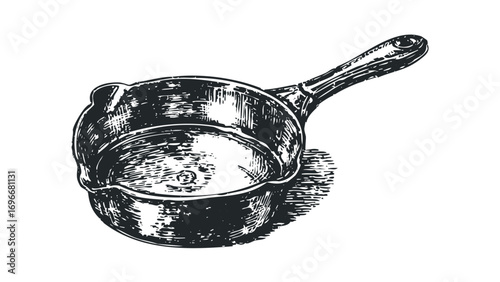 Sketch of small metal saucepan with handle on transparent. Vector hand drawn illustration
