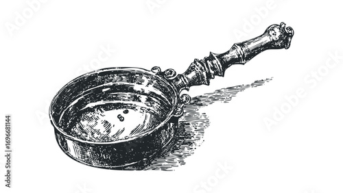 Vintage metal ladle with ornate handle isolated on white. Vector hand drawn illustration