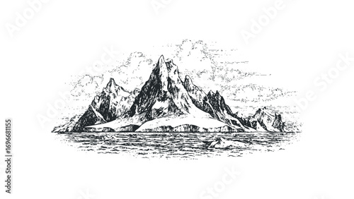 Ink drawing of snow capped mountains and sea with icebergs. Vector hand drawn illustration