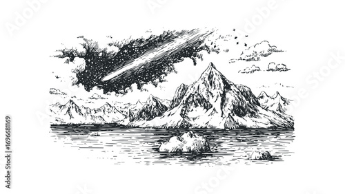 Mountain range with a shooting star streaking across a starry sky over a body of water.. Vector hand drawn illustration