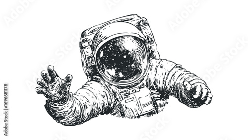 Astronaut floating in zero gravity with outstretched hand reaching forward. Vector hand drawn illustration
