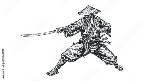 Asian Warrior In Traditional Garb Holding Sword. Vector hand drawn illustration