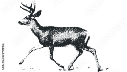 Running deer on a transparent with a dotted texture. Vector hand drawn illustration