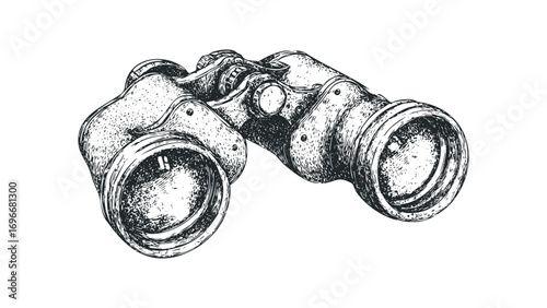 Vintage binoculars sketch on transparent background, detailed monochrome drawing. Vector hand drawn illustration