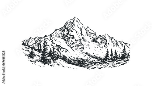 Pencil sketch of majestic mountain range with pine trees. Vector hand drawn illustration