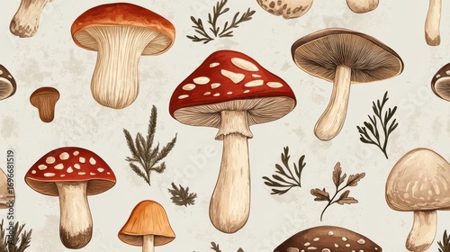  Adorable watercolor seamless pattern for fall on dark background with red toadstools, mushrooms and wild flowers	