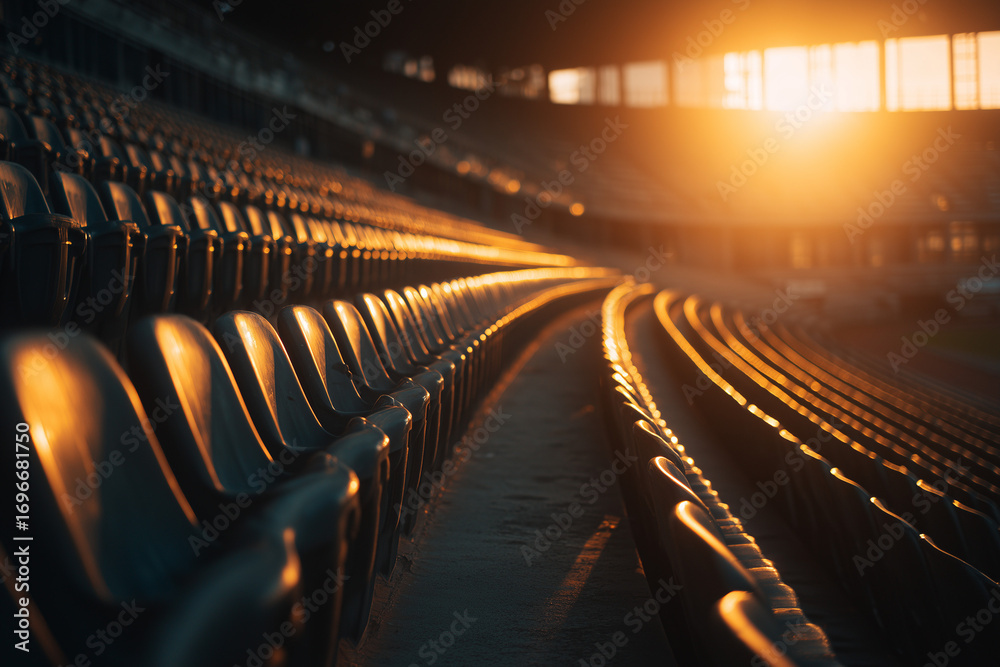 Fototapeta premium Empty stadium seats with a row of yellow chairs standing out among dark rows, dramatic perspective highlighting contrast and pattern in sports arena.