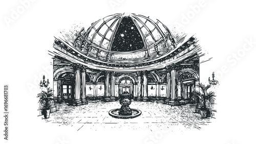 Ornate interior hall with grand columns and domed ceiling. Vector hand drawn illustration