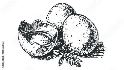 Pristine cracked egg with greens on transparent. Vector hand drawn illustration