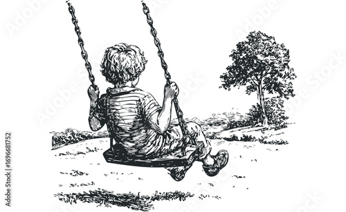 Child on swing with tree and hill landscape in sketch style. Vector hand drawn illustration