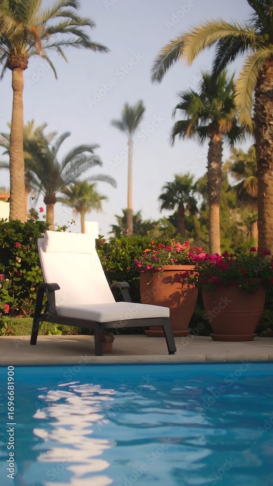 Fototapeta premium Relaxing white sun lounger by a pool, surrounded by lush greenery and palm trees.