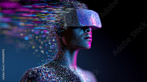 Futuristic woman in glittering VR headset dissolving into digital particles. 
