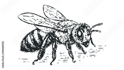 Detailed line drawing of a bee with textured wings and segmented body. Vector hand drawn illustration
