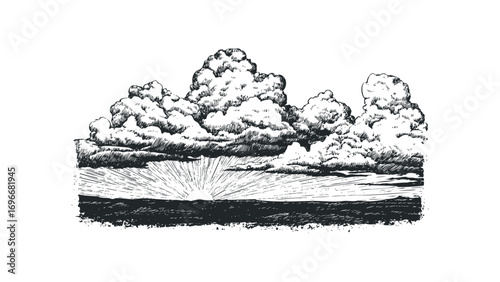 Pencil Drawing of Sunrise Emerging from Behind Cumulus Clouds. Vector hand drawn illustration