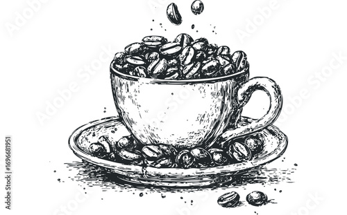Hand Drawn Coffee Beans Spill From Cup and Saucer. Vector hand drawn illustration