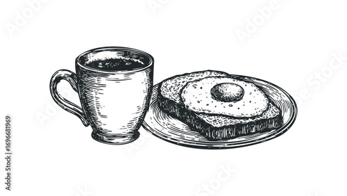 Sketch of coffee cup and fried egg on toast on a plate. Vector hand drawn illustration
