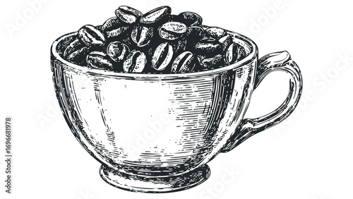Espresso Cup Overflowing with Roasted Coffee Beans. Vector hand drawn illustration