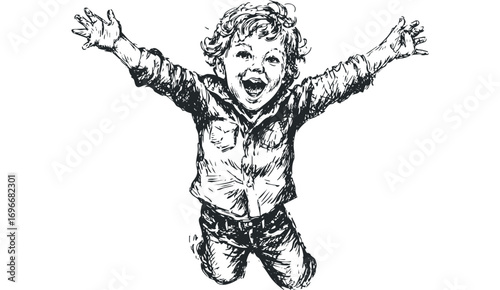 Sketch of joyful young boy jumping with arms outstretched and wide smile on transparent background. Vector hand drawn illustration