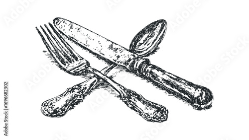 Sketch of crossed fork, knife, and spoon on transparent background. Vector hand drawn illustration