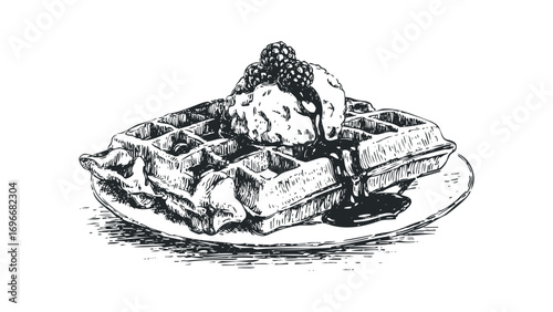 Hand drawn sketch of waffle with ice cream and berries on a plate. Vector hand drawn illustration