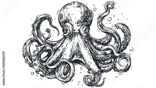 Detailed ink sketch of a complex octopus with many tentacles image. Vector hand drawn illustration