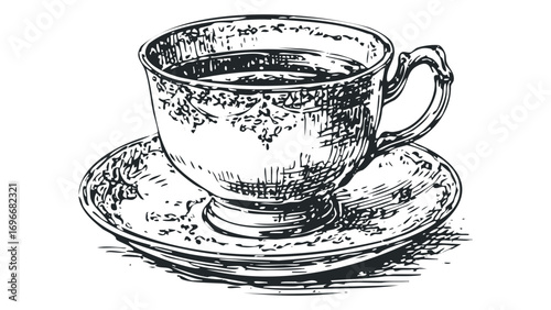 Sketch of ornate teacup and saucer with liquid inside. Vector hand drawn illustration
