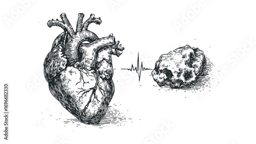 Anatomical Heart and Brain Connection with EKG Line. Vector hand drawn illustration