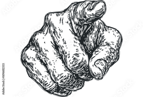 Hand pointing finger isolated on transparent background. Vector hand drawn illustration