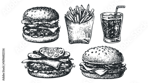 Hand Drawn Burger Fries and Drink with Transparent Background. Vector hand drawn illustration